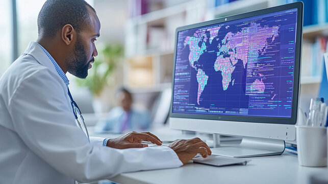 Focused doctor working on a computer with a world map graphic overlay.