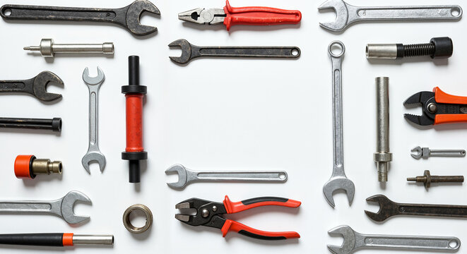Assorted tools laid out on white background in organized arrangement  