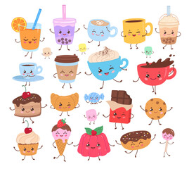 Vector illustration of smiling cartoon desserts and beverages. Cups, cakes, donuts, cookies and more, each with tiny arms, legs and expressive faces. Flat isolated collection.