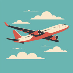 A vector illustration of a passenger airplane soaring through a turquoise sky with white clouds depicting air travel and transportation