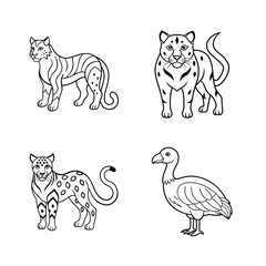 Vector illustrations of tigers leopards and a dodo in black and white for design