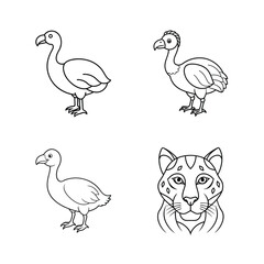 Black and white outline illustration of dodo birds and a leopard head in simple lines. © kajallata