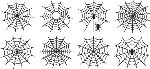 Eight halloween spiderwebs with spiders collection