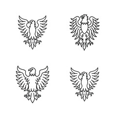 Elegant line art eagle emblems in different poses isolated on white background