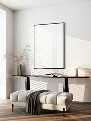 Frame mockup, ISO A paper size. Living room wall poster mockup. Interior mockup with house background. Modern interior design. 3D render
