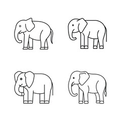 Fototapeta premium Simple outline drawings of four elephants in different poses isolated on white background