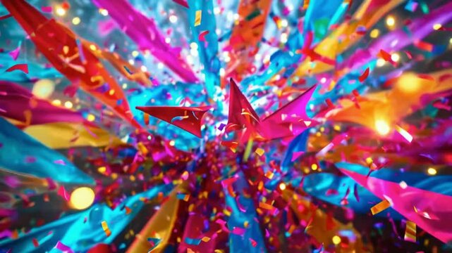 kaleidoscopic party streamers explosion of vibrant triangular pennants swirling in mesmerizing patterns holographic confetti dynamic motion blur effect.
