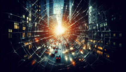 Obraz premium Broken glass effect over city street with heavy traffic and sunset light symbolizing chaos vulnerability and urban tension