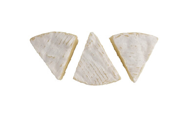 fresh slices camembert cheese isolated on white background, top view of triangular pieces camembert...