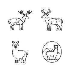 Minimalist outline illustrations of deer and llamas in various poses for design projects