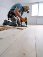 Fototapeta premium Skilled craftsman installs wooden flooring using professional tools in bright residential space