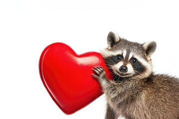Pretty cute raccoon and red heart with copy space
