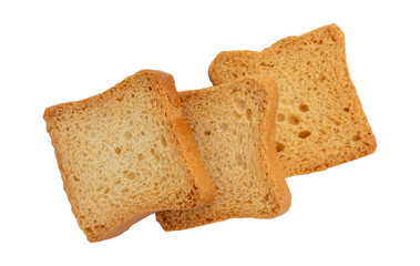 whole wheat mini toasts, toasted slices of bread or rusks isolated on white background, top view
