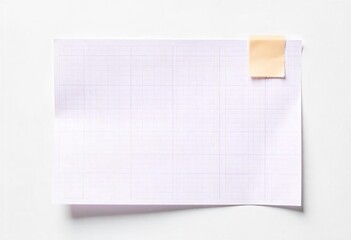 A piece of grid paper with a beige adhesive tape affixed to it is presented against a plain white background a patterned background.  The corner of the paper has a gentle curl