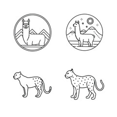 Line art illustrations of llamas and cheetahs in a minimalist black and white style