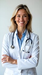 Smiling female doctor in white coat with stethoscope