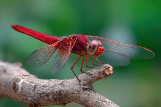 Red dragonfly rests on a branch