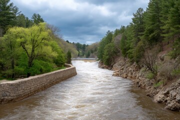 River flows rapidly below a dam under a cloudy sky bordered by stone walls  trees