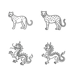 Vector illustration of cheetahs and dragons depicted in simple black outline design