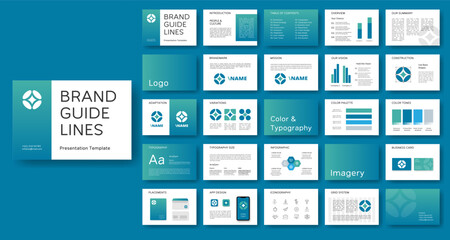 Brand guidelines template. Corporate identity presentation. Logo guidebook layout. Logotype system design. Brand manual mockup.