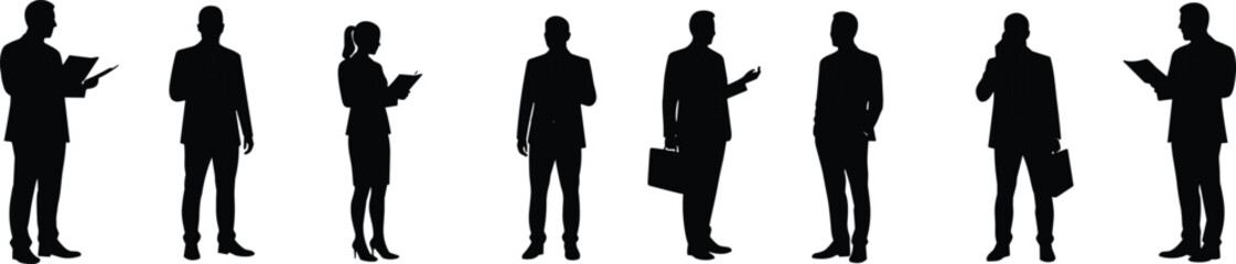 Business people silhouette, standing professionals, holding documents, clipboard pose, office teamwork, corporate workers vector, talking gesture, isolated figure illustration