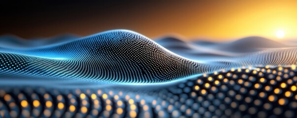 Futuristic aerial view digital waves of light in abstract landscape