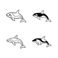 Simple black and white orca illustrations displaying different perspectives on white background