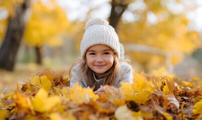 Joyful child lies in autumn leaves, smiles. Kid enjoys fall season,Generative AI