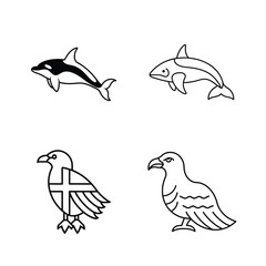 Line art illustrations of aquatic animals including dolphins and sea birds with minimalistic styles