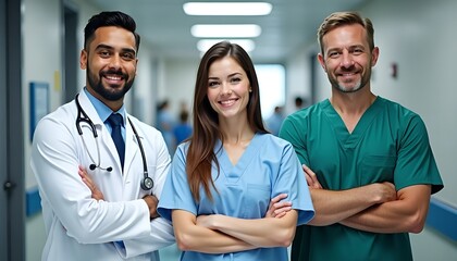 Confident diverse team of doctors and nurses in hospital corridor