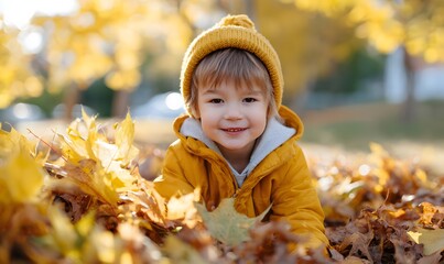 Joyful child lies in autumn leaves, smiles. Kid enjoys fall season,Generative AI