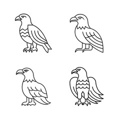 Four vector illustrations of stylized eagles in various poses with outlined black lines