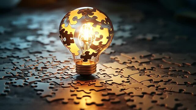 Illuminated puzzle light bulb on scattered pieces, symbolizing problem-solving and creativity
