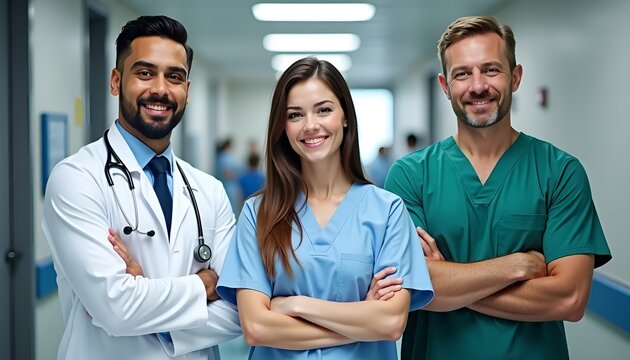 Confident diverse team of doctors and nurses in hospital corridor