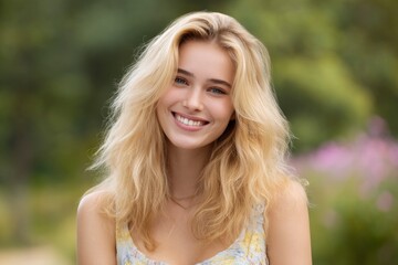 Smiling woman with blonde hair in a garden setting