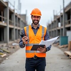 Smiling construction worker on site with tablet and documents