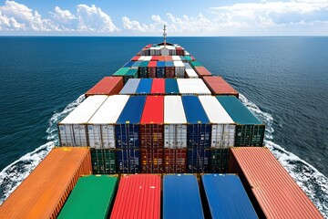 Cargo ship transporting containers open sea aerial view maritime