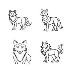 Vector illustrations of different wolf poses outlined in simple black and white designs