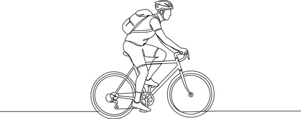 Man riding bicycle with helmet and backpack, continuous line drawing, eco transportation, cycling lifestyle, road safety, fitness activity, healthy commuting, outdoor exercise, minimalist artwork.