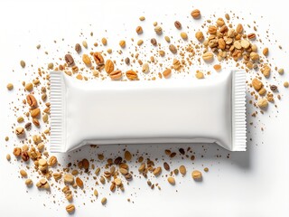 Protein bar packaging mockup with scattered granola crumbs on white background