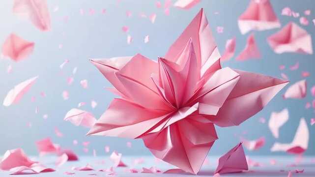 levitating origami flower unfolding in midair petals transforming from paper to hyperrealistic pink blooms shimmering particles soft pastel background.