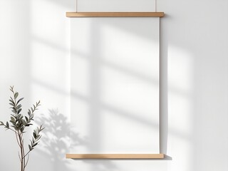 Blank poster frame mockup hanging on white wall with wooden frame