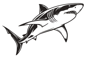 An impressive shark swims confidently through the deep ocean in monochrome silhouette