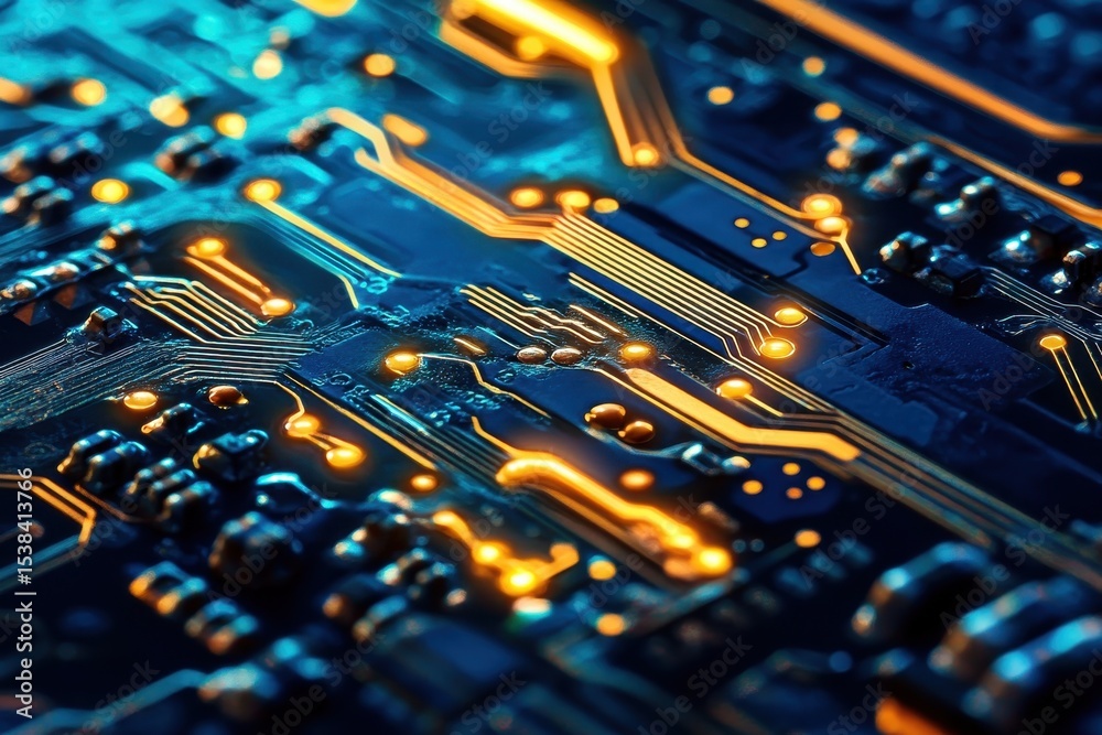 Poster close-up view of an electronic circuit board featuring intricate pathways and glowing components in 