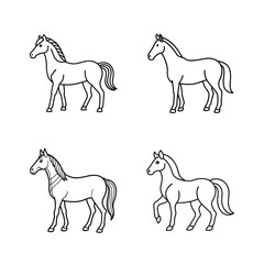 Simple black and white outlined illustrations of various horse poses on white background