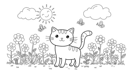 Obraz premium Whimsical Feline Adventure A Coloring Page with Cat, Flowers, Sun, and Butterflies in a Garden Scene