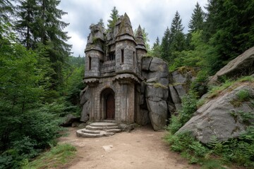 Fototapeta premium Stone structure with turrets in wooded area