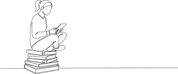 Girl sitting on books reading tablet, education concept, online learning, digital device, minimalist illustration, continuous line art, modern student lifestyle, knowledge,