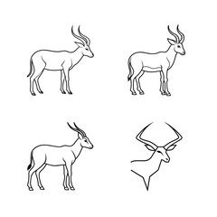Simple black and white outlines of an impala in various poses and styles