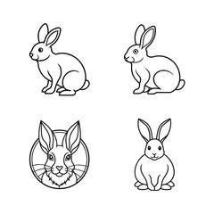Set of four black and white rabbit illustrations in various poses for design projects